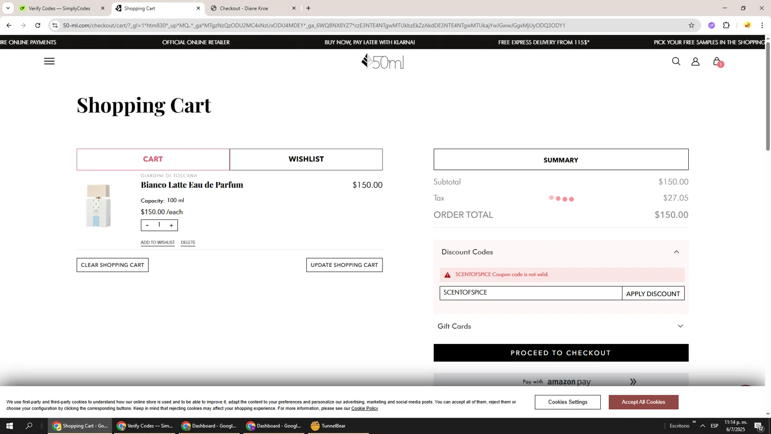 50ml discount code screenshot showing code SCENTOFSPICE applied at 50ml checkout page. Uploaded by SimplyCodes community member Richard251 on Jul 7, 2025