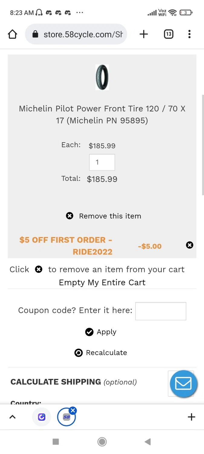 58cycle checkout page showing 58cycle promo code box | Screenshot taken by SimplyCodes community member on Jan 6, 2023