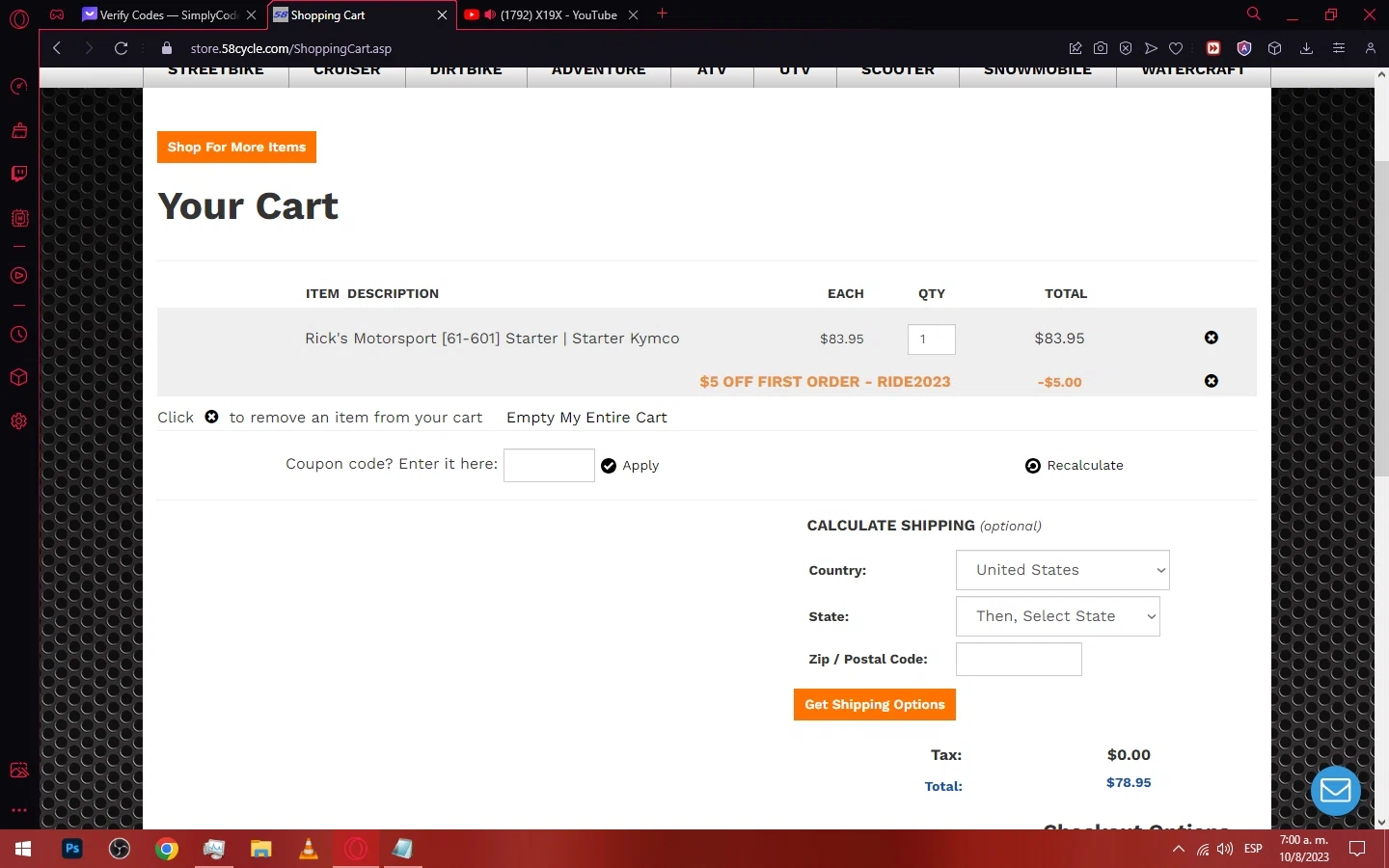58cycle checkout page showing 58cycle promo code box | Screenshot taken by SimplyCodes community member on Aug 10, 2023