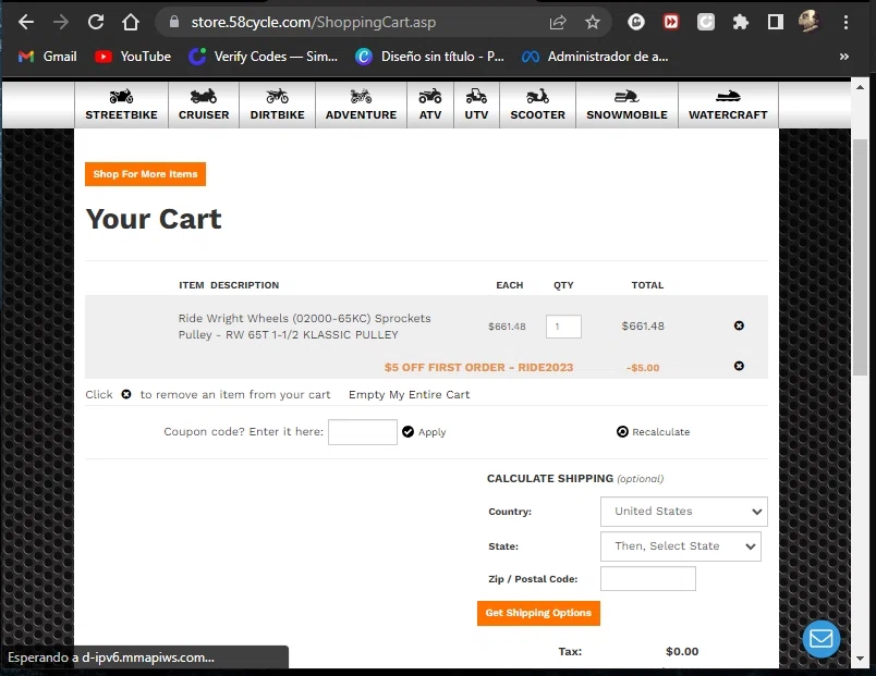 58cycle checkout page showing 58cycle promo code box | Screenshot taken by SimplyCodes community member on Jan 19, 2023