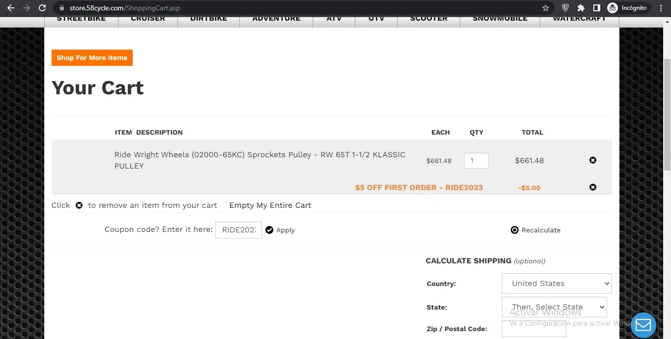 58cycle checkout page showing 58cycle promo code box | Screenshot taken by SimplyCodes community member on Feb 17, 2023