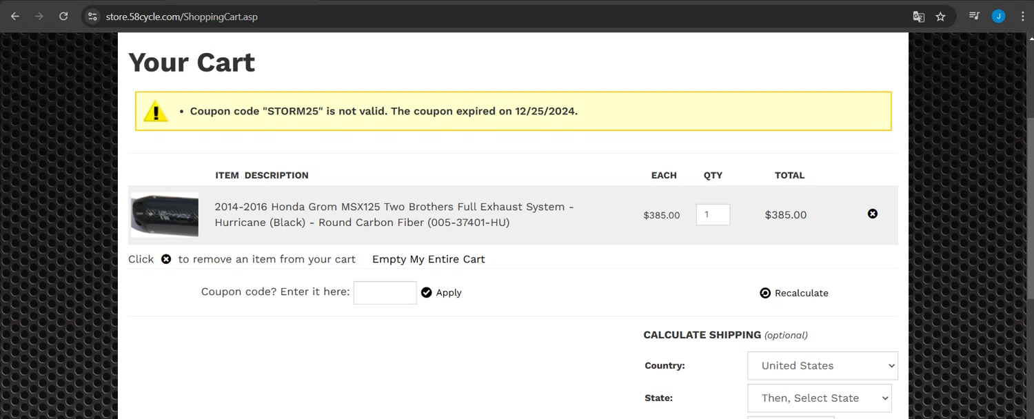 58cycle promo code screenshot showing code STORM25 applied at 58cycle checkout page. Uploaded by SimplyCodes community member Jeanjc on Jan 10, 2025