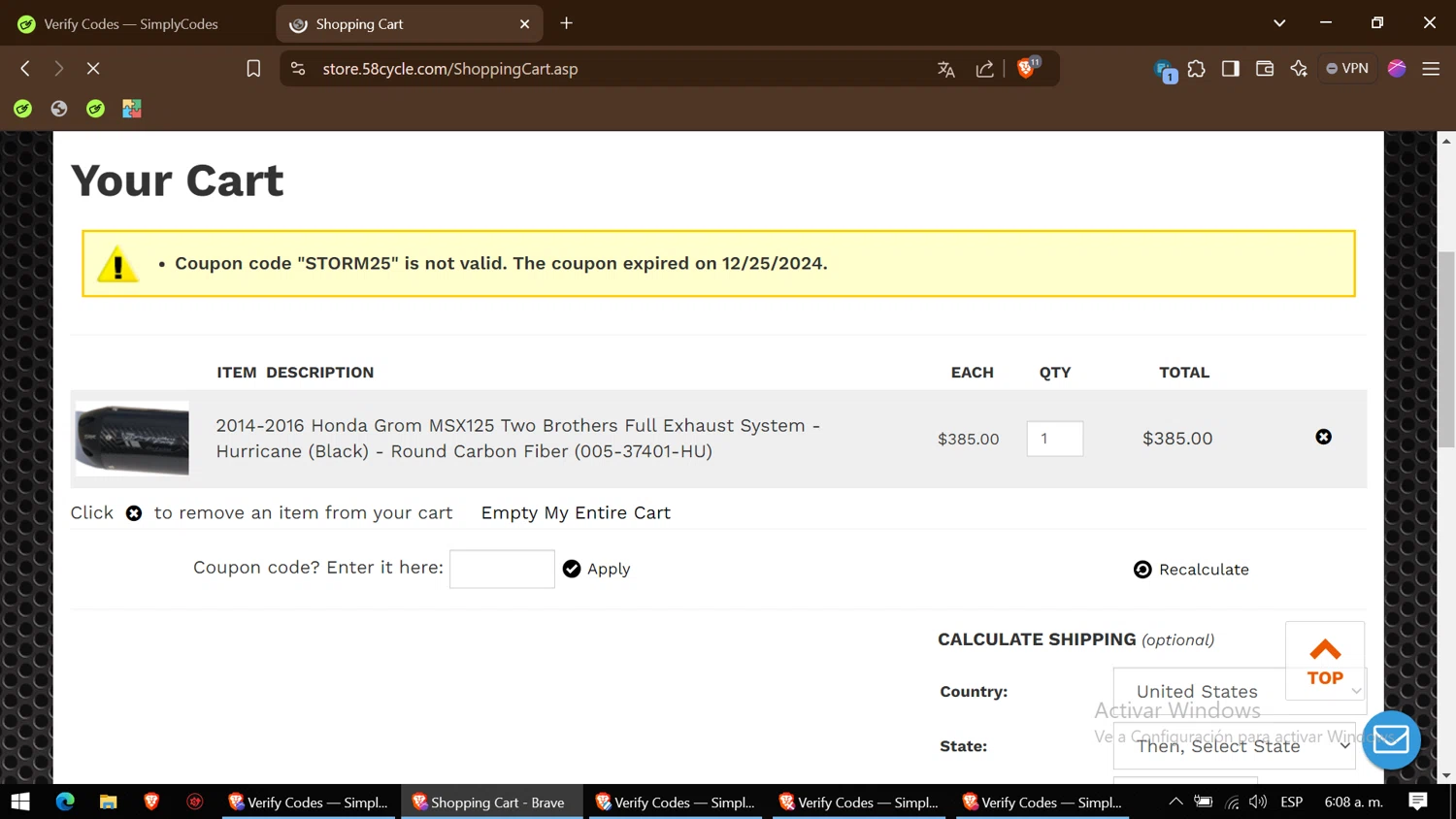 58cycle promo code screenshot showing code STORM25 applied at 58cycle checkout page. Uploaded by SimplyCodes community member BonusHero4456 on Jan 10, 2025
