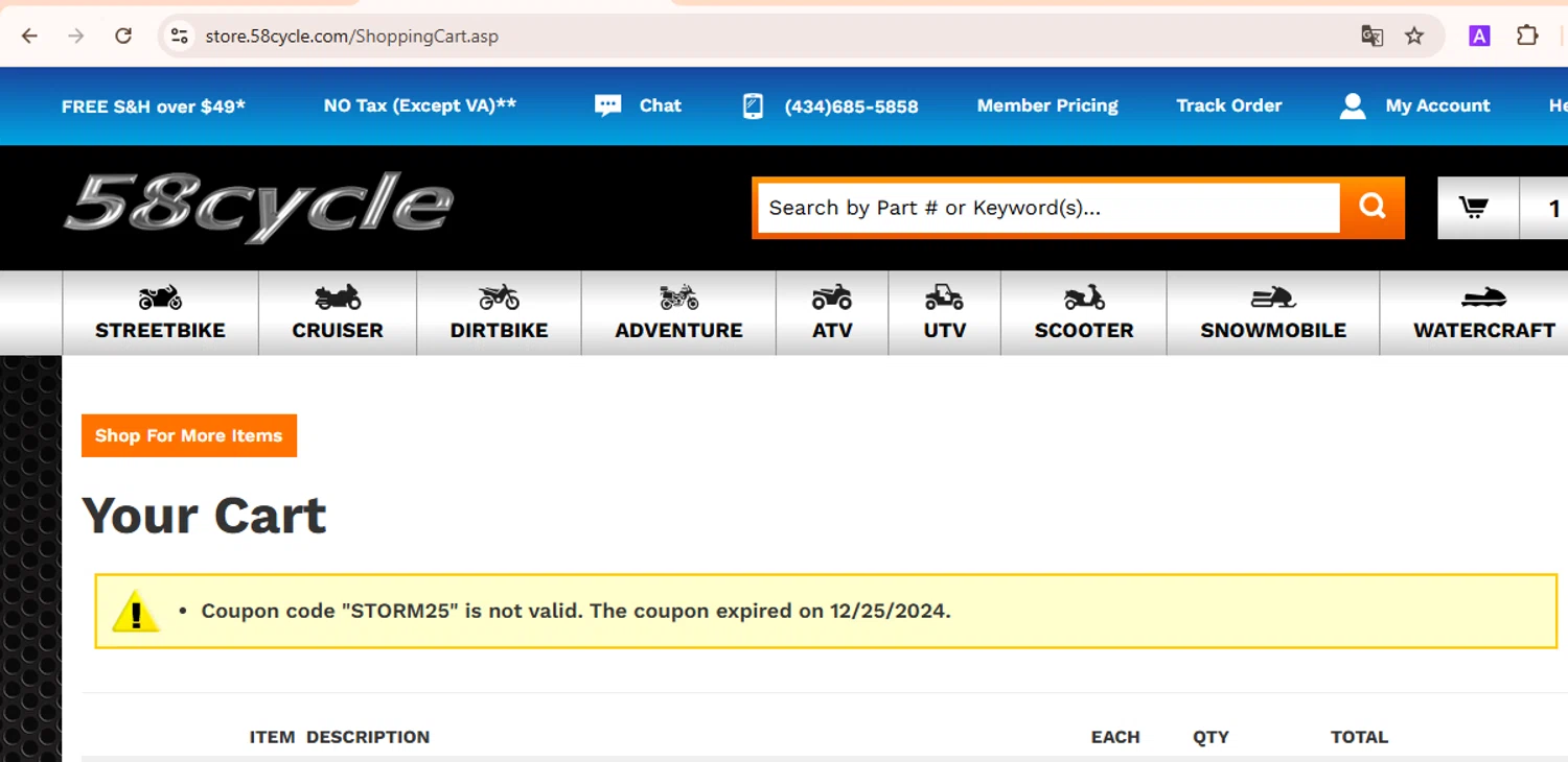 58cycle promo code screenshot showing code STORM25 applied at 58cycle checkout page. Uploaded by SimplyCodes community member ExtraordinaryScout5722 on Feb 19, 2025