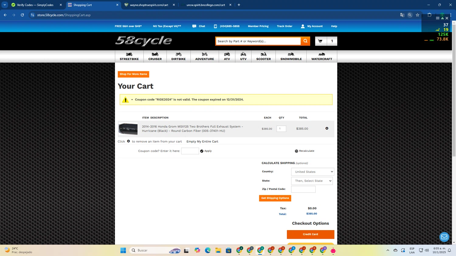 58cycle promo code screenshot showing code RIDE2024 applied at 58cycle checkout page. Uploaded by SimplyCodes community member FrugalExpert8809 on Jan 10, 2025
