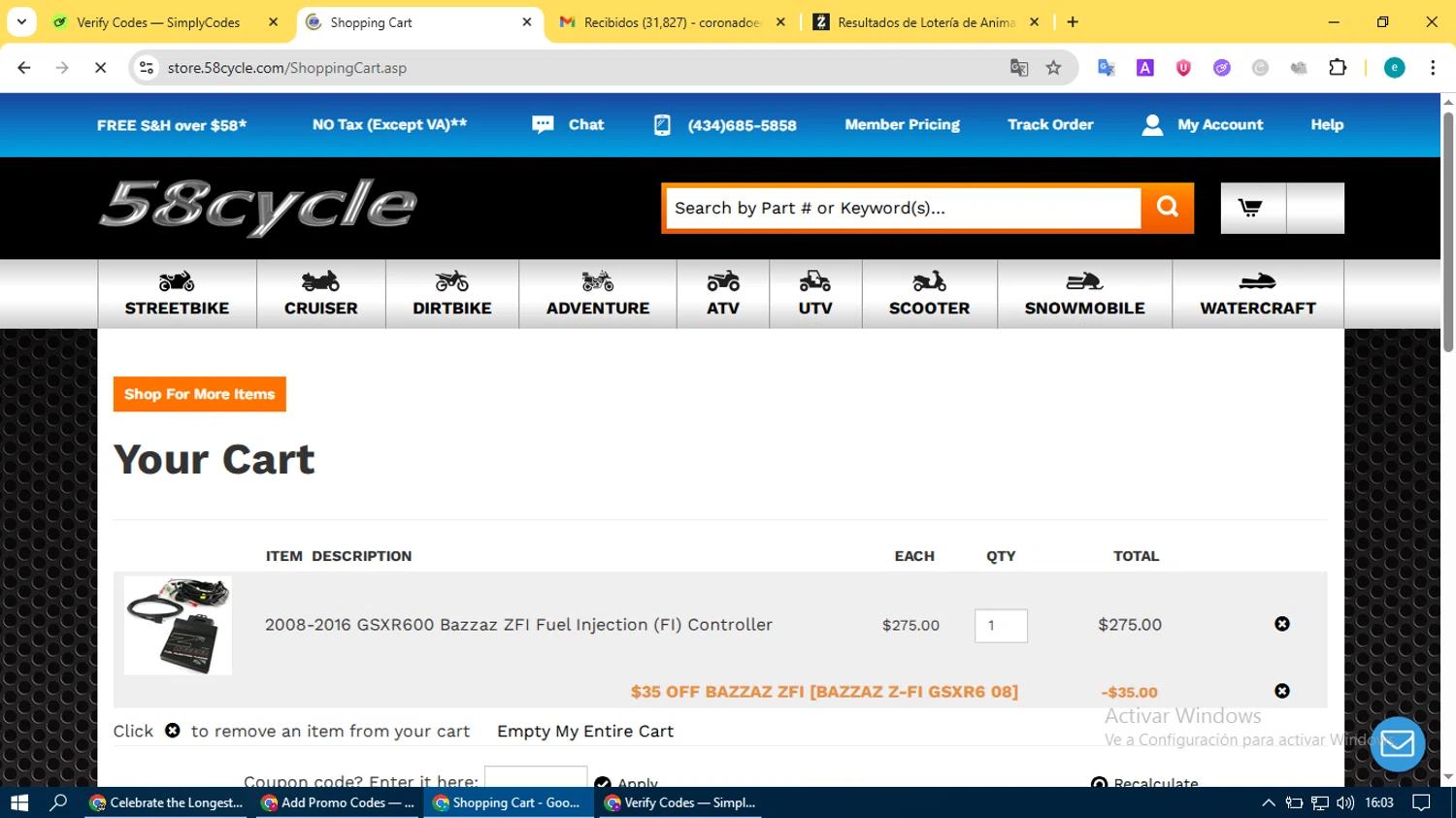 58cycle checkout page showing 58cycle promo code box | Screenshot taken by SimplyCodes community member on Jun 19, 2025