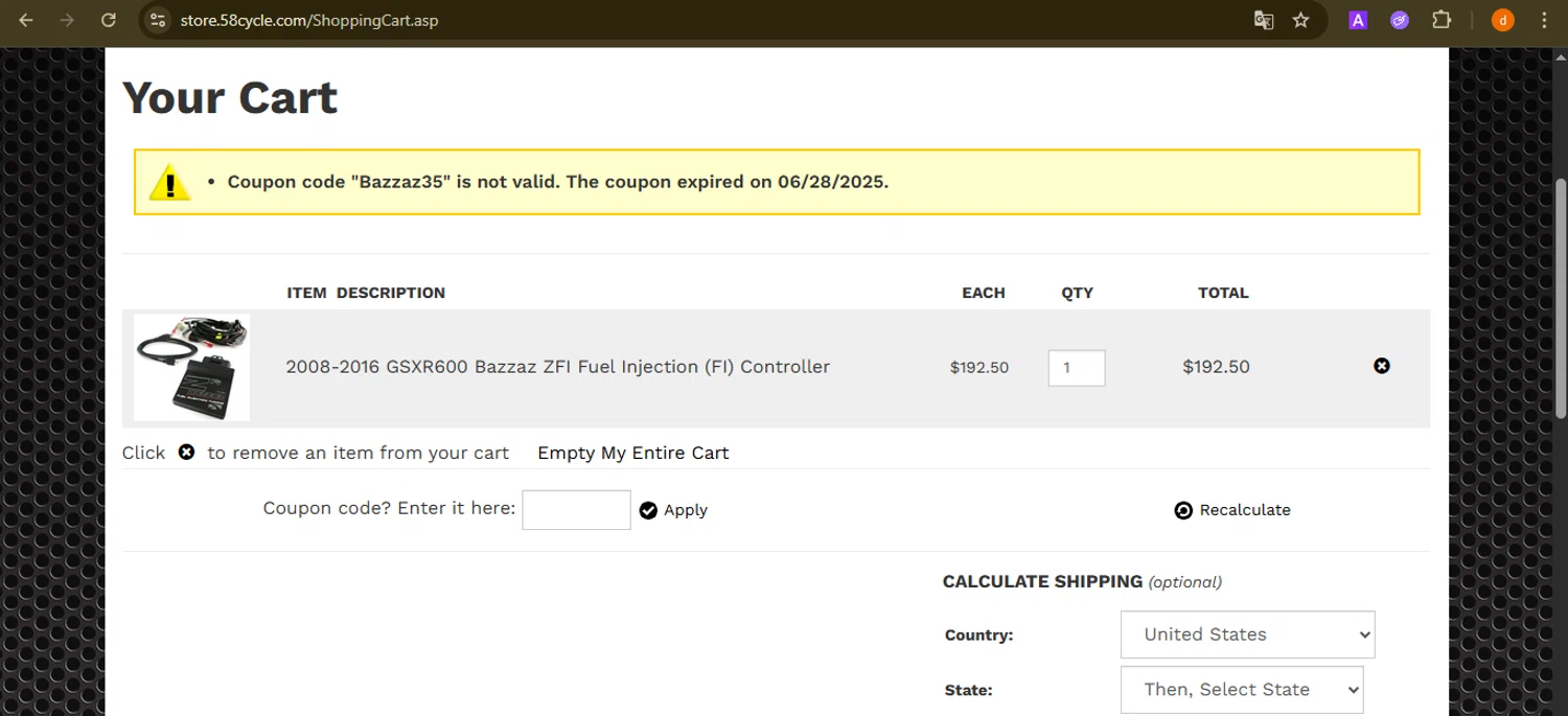58cycle promo code screenshot showing code BAZZAZ35 applied at 58cycle checkout page. Uploaded by SimplyCodes community member PennyAdmiral6960 on Jul 24, 2025