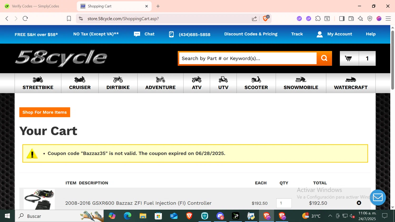 58cycle promo code screenshot showing code BAZZAZ35 applied at 58cycle checkout page. Uploaded by SimplyCodes community member CODMOBILE1 on Jul 24, 2025