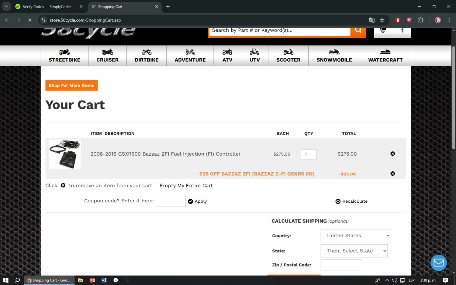 58cycle checkout page showing 58cycle promo code box | Screenshot taken by SimplyCodes community member on Jun 19, 2025