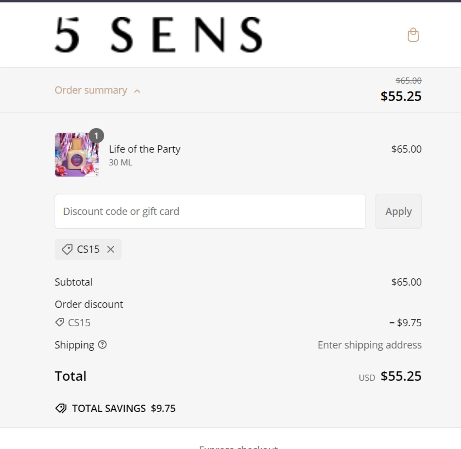 5 SENS promo code screenshot showing code CS15 applied at 5 SENS checkout page. Uploaded by SimplyCodes community member Coolemorestt on Feb 12, 2025