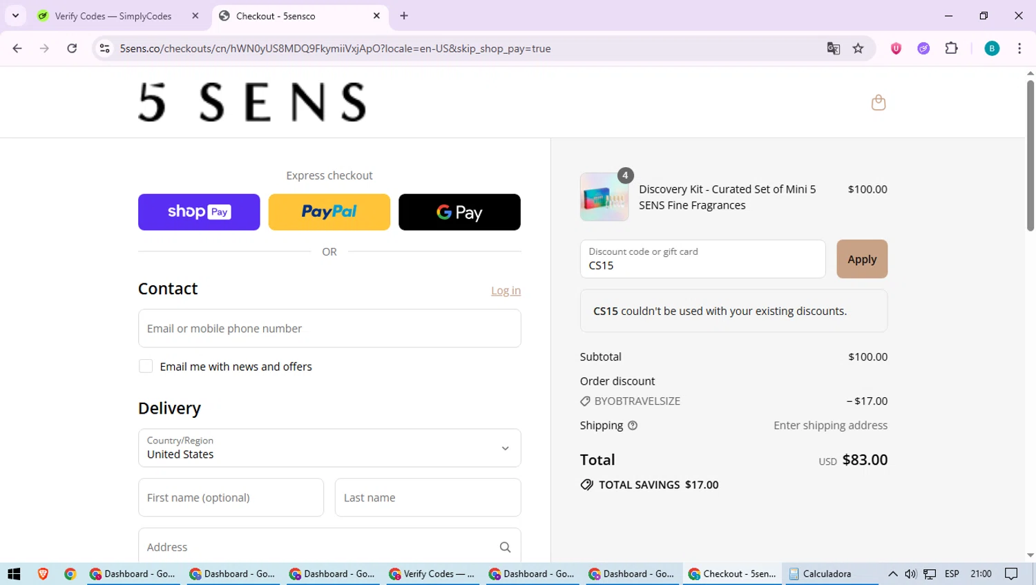 5 SENS promo code screenshot showing code CS15 applied at 5 SENS checkout page. Uploaded by SimplyCodes community member QuestScholar5572 on Jul 24, 2025