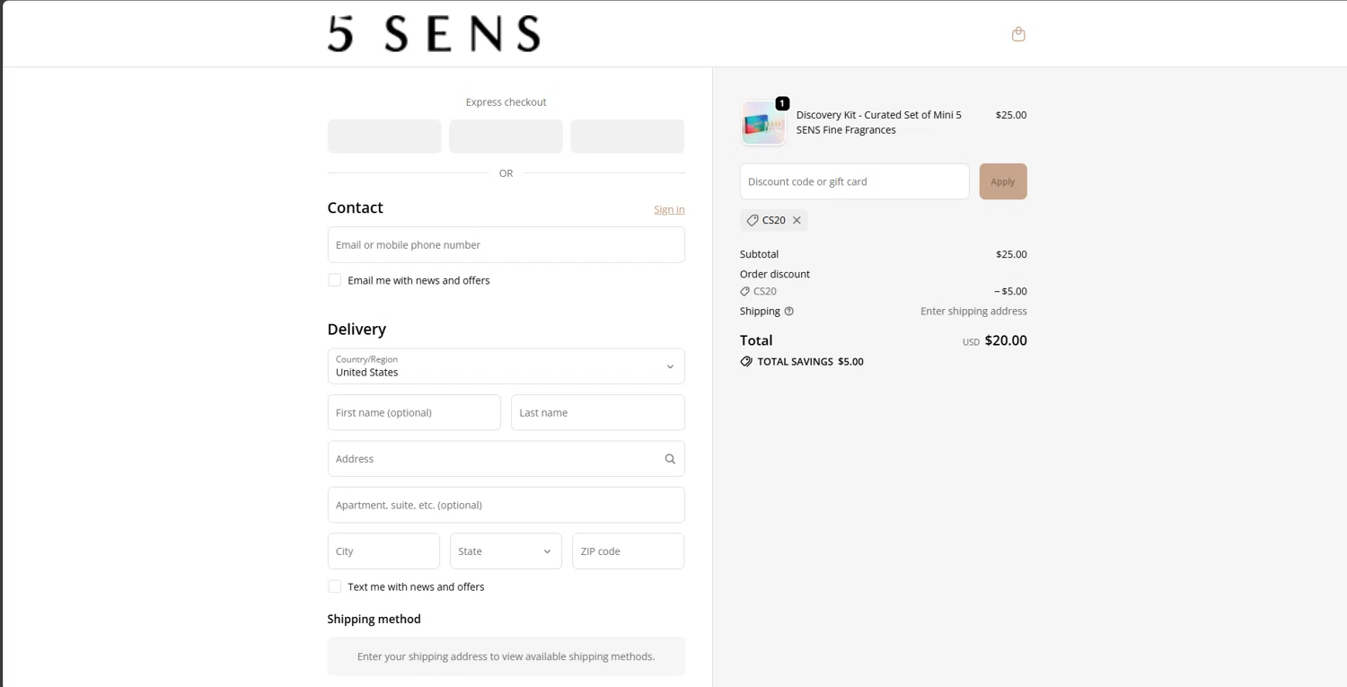 5 SENS promo code screenshot showing code CS20 applied at 5 SENS checkout page. Uploaded by SimplyCodes community member brrrrr on Oct 28, 2025