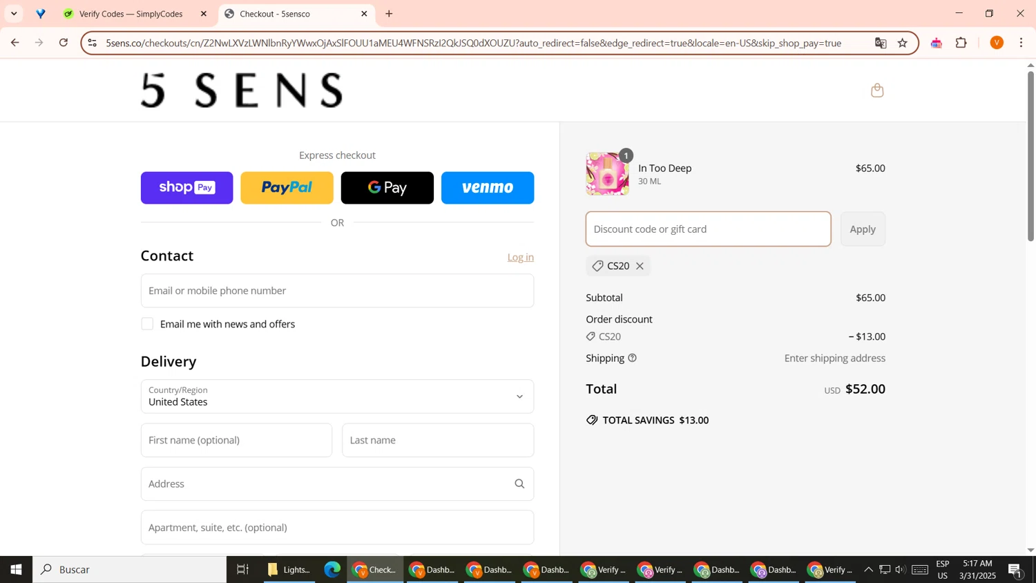 5 SENS promo code screenshot showing code CS20 applied at 5 SENS checkout page. Uploaded by SimplyCodes community member GoldDefender8866 on Mar 31, 2025