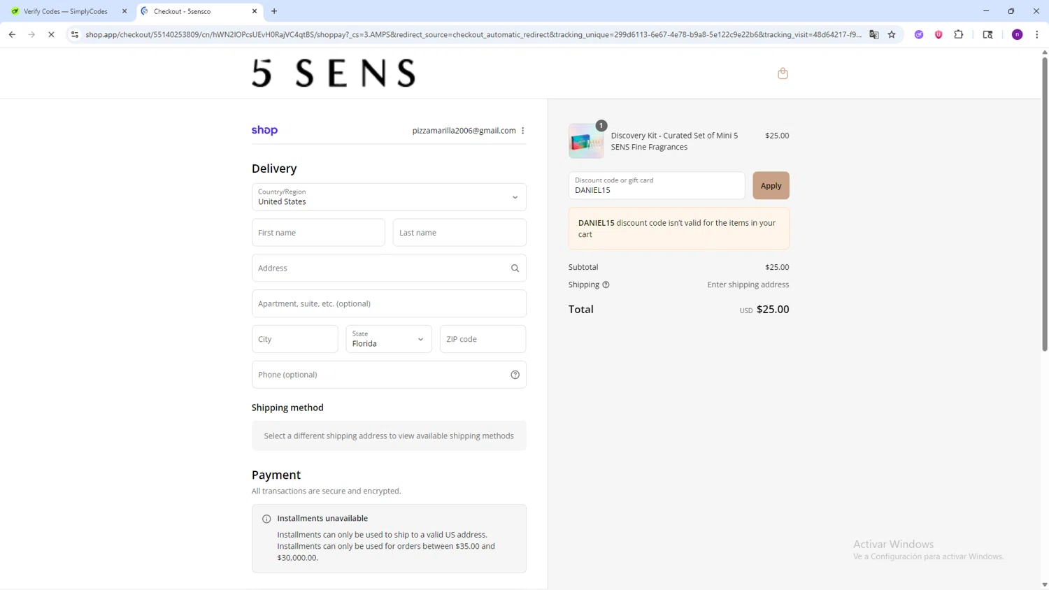 5 SENS promo code screenshot showing code DANIEL15 applied at 5 SENS checkout page. Uploaded by SimplyCodes community member AVAMUSTANG on Sep 9, 2025