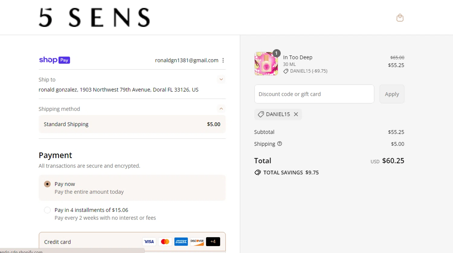 5 SENS promo code screenshot showing code DANIEL15 applied at 5 SENS checkout page. Uploaded by SimplyCodes community member CleverAdmiral7613 on Aug 23, 2025