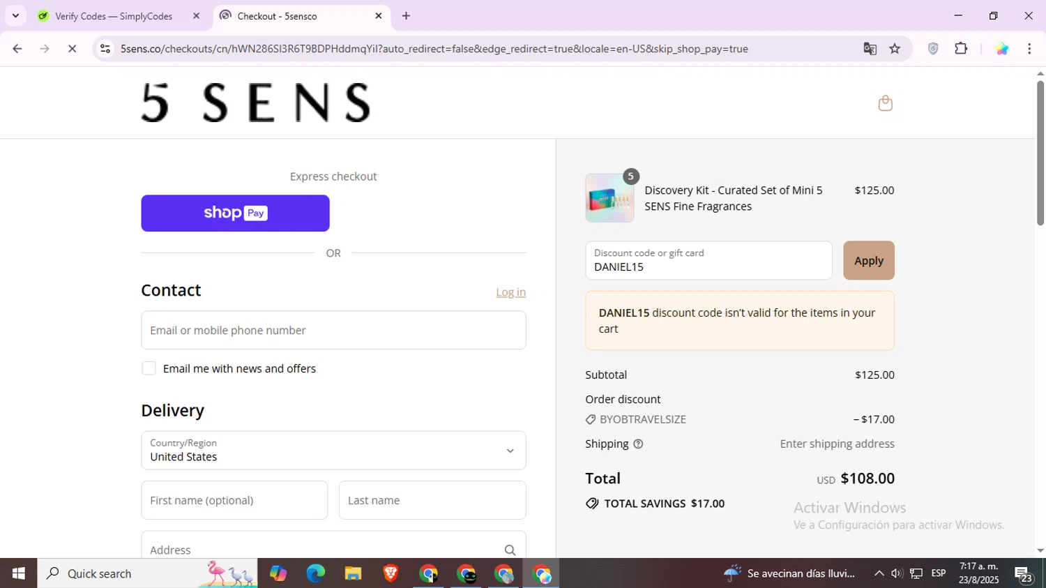5 SENS promo code screenshot showing code DANIEL15 applied at 5 SENS checkout page. Uploaded by SimplyCodes community member Estrellitacoairis on Aug 23, 2025