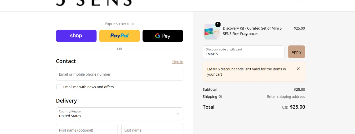 5 SENS promo code screenshot showing code LMM15 applied at 5 SENS checkout page. Uploaded by SimplyCodes community member MightyMaven4946 on Oct 19, 2025