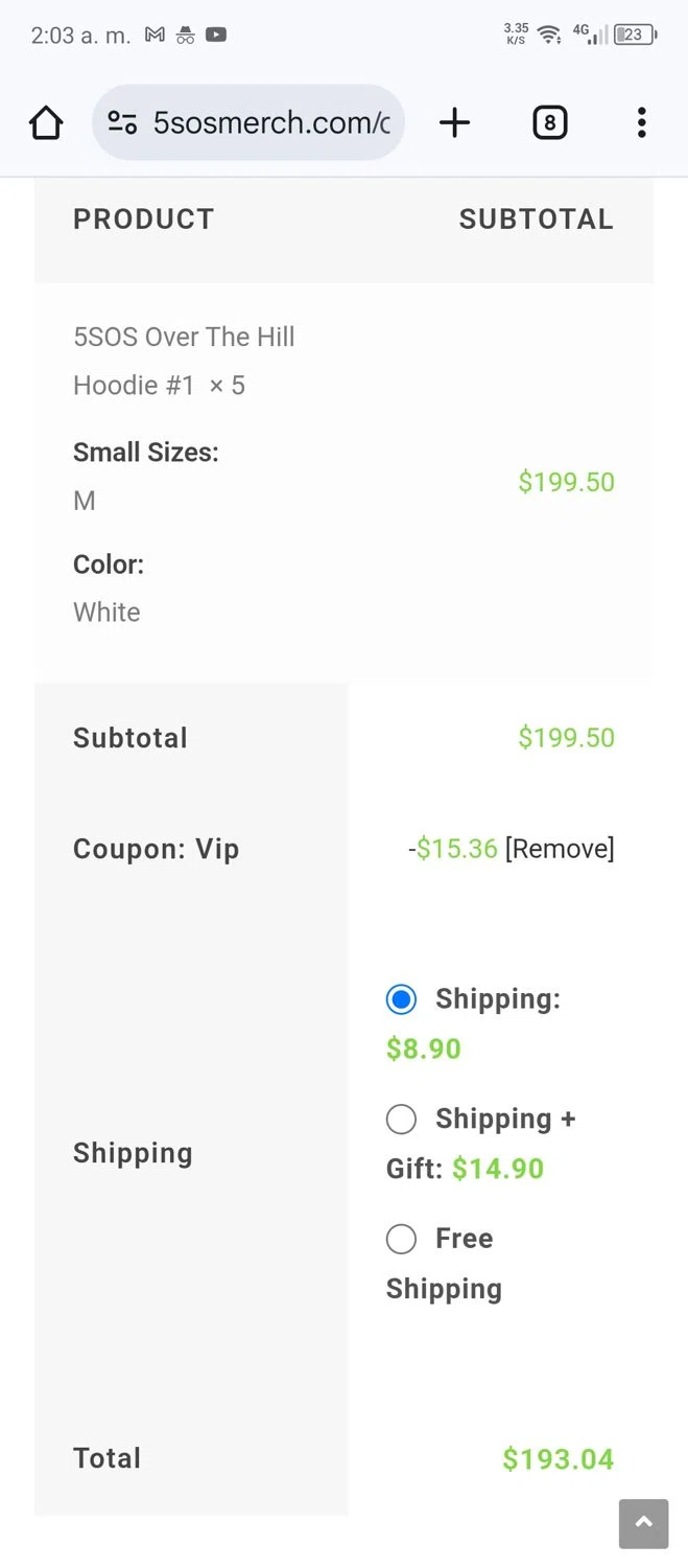 5SOS Merch promo code screenshot showing code vip applied at 5SOS Merch checkout page. Uploaded by SimplyCodes community member Luis0101 on Jun 26, 2025