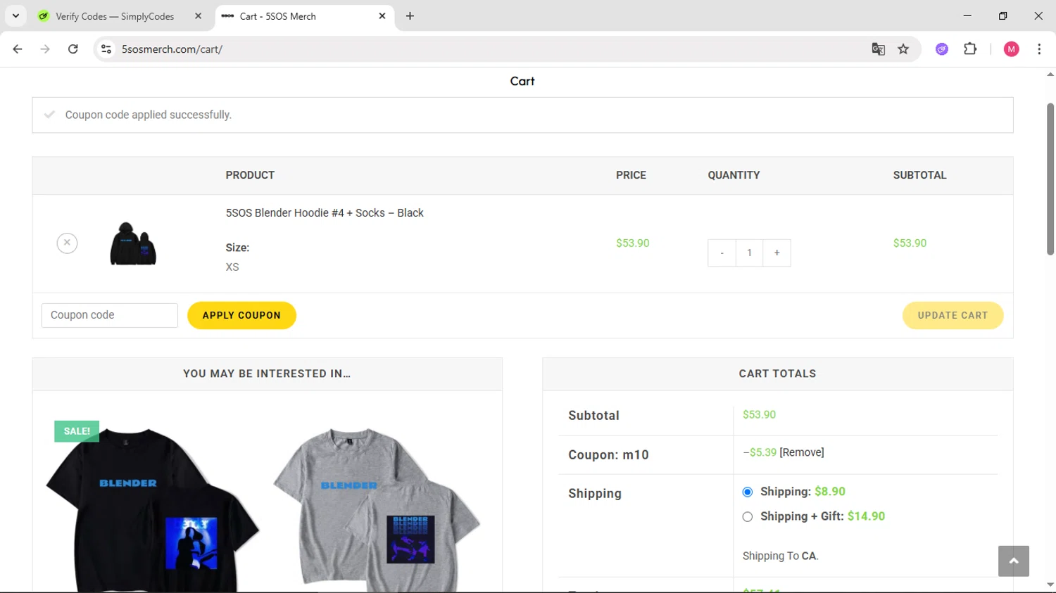 5SOS Merch promo code screenshot showing code m10 applied at 5SOS Merch checkout page. Uploaded by SimplyCodes community member CBR600 on Jun 12, 2025