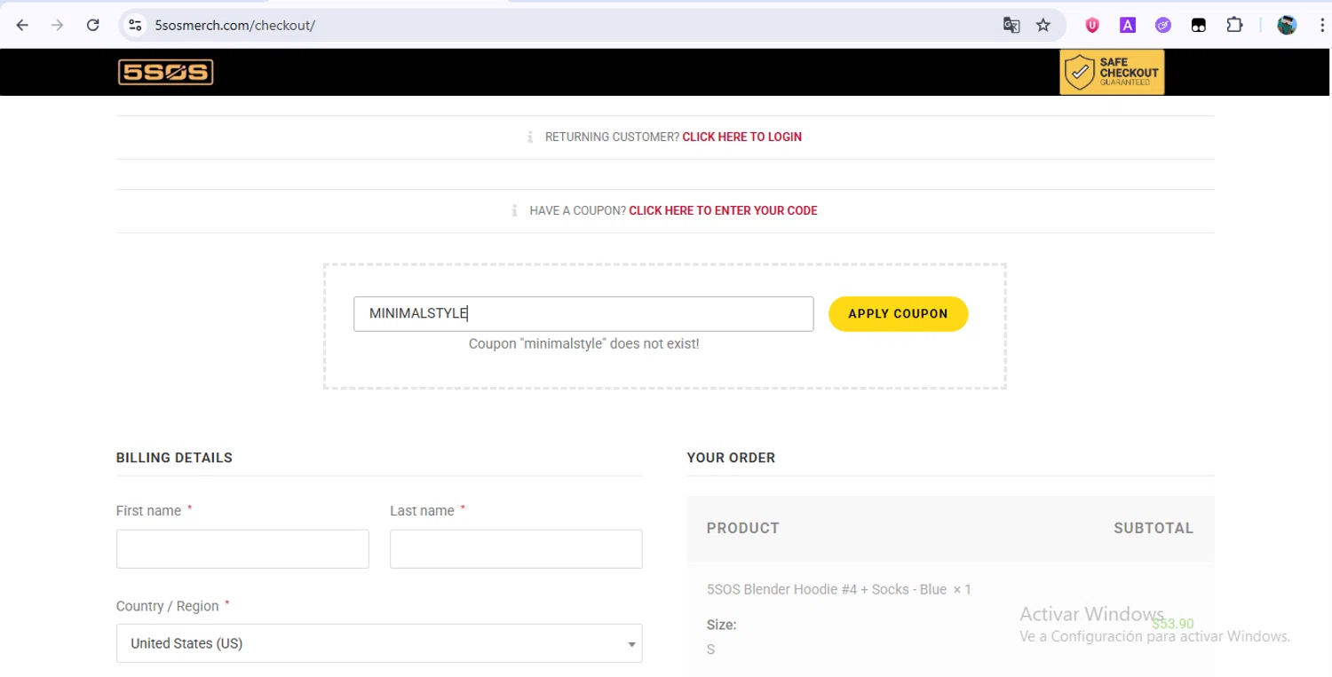 5SOS Merch promo code screenshot showing code m10 applied at 5SOS Merch checkout page. Uploaded by SimplyCodes community member RoyalHunter7203 on Jun 26, 2025