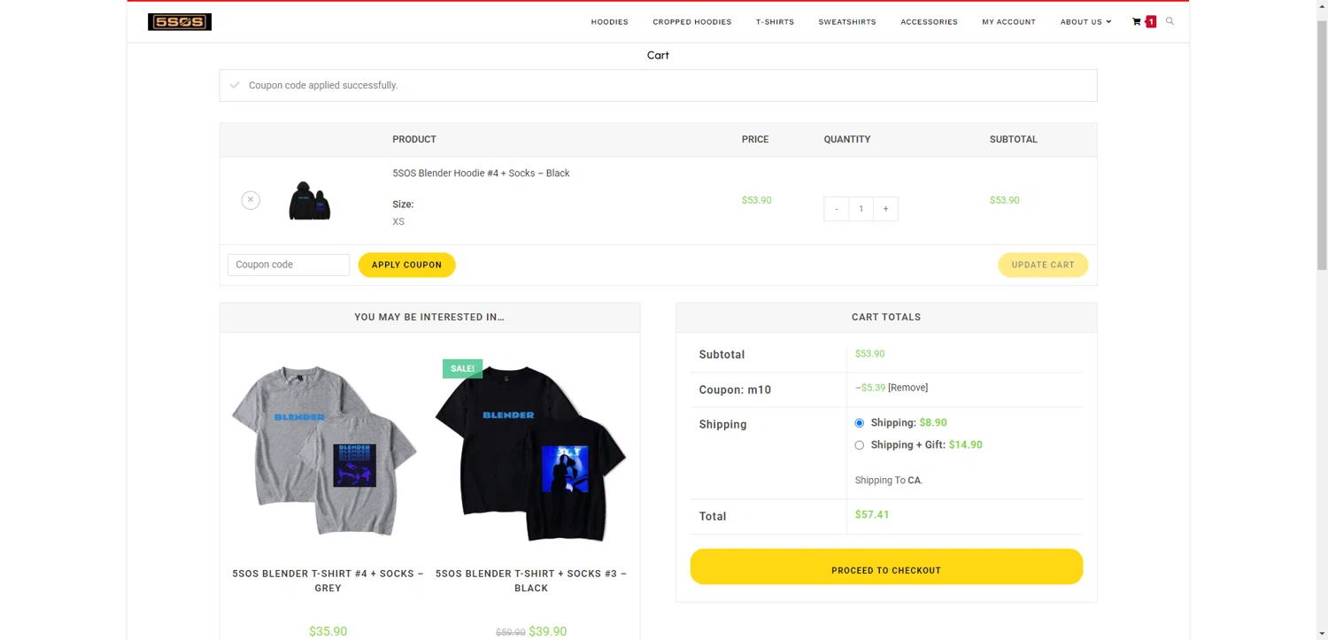 5SOS Merch promo code screenshot showing code m10 applied at 5SOS Merch checkout page. Uploaded by SimplyCodes community member TreasureKnight4134 on Jun 26, 2025