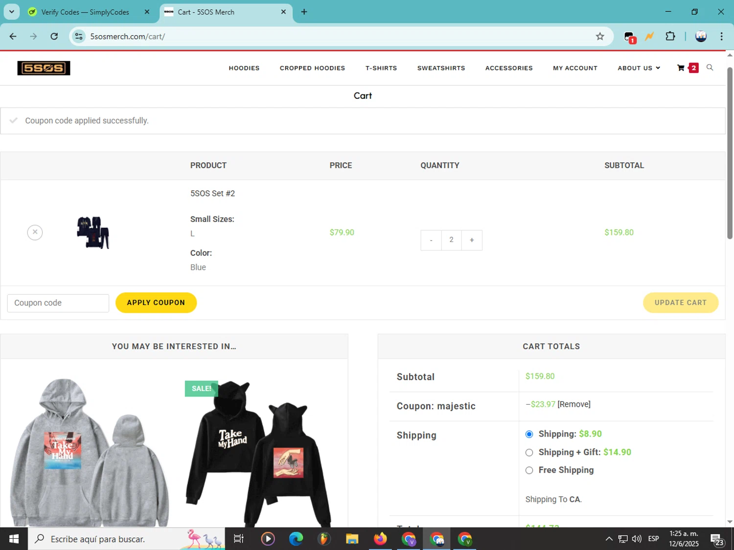5SOS Merch promo code screenshot showing code majestic applied at 5SOS Merch checkout page. Uploaded by SimplyCodes community member Soyvictor on Jun 12, 2025