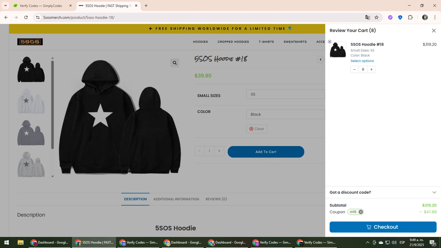 5SOS Merch promo code screenshot showing code m15 applied at 5SOS Merch checkout page. Uploaded by SimplyCodes community member CleverLynx6871 on Sep 21, 2025