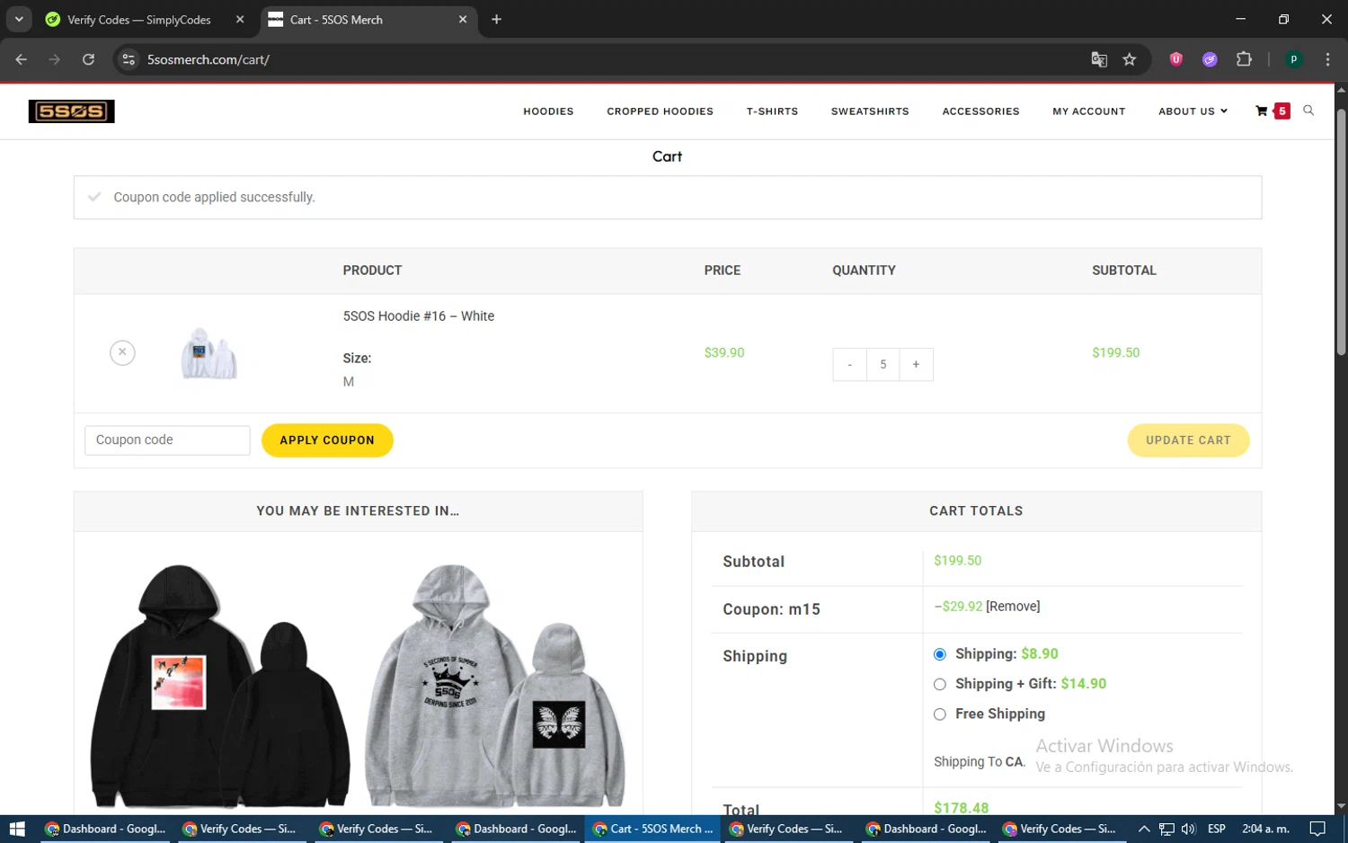 5SOS Merch promo code screenshot showing code m15 applied at 5SOS Merch checkout page. Uploaded by SimplyCodes community member LegendaryWarden2503 on Jun 26, 2025