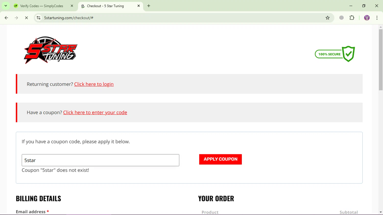 5 Star Tuning coupon code screenshot showing code 5star applied at 5 Star Tuning checkout page. Uploaded by SimplyCodes community member LassoReyes on Jan 5, 2025