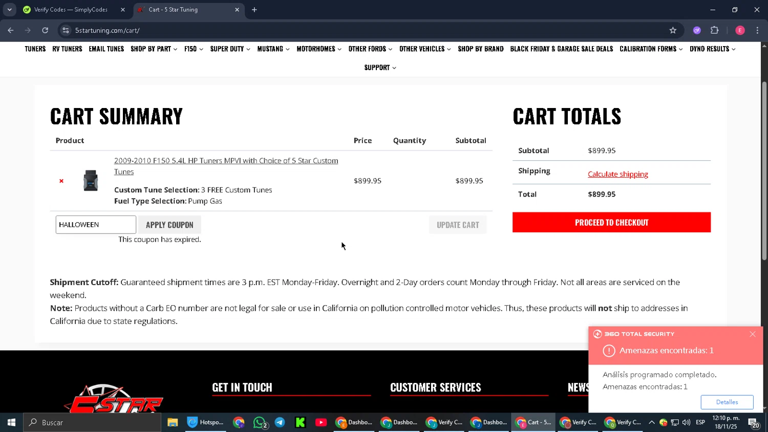 5 Star Tuning coupon code screenshot showing code HALLOWEEN applied at 5 Star Tuning checkout page. Uploaded by SimplyCodes community member CouponGuardian8137 on Nov 18, 2025