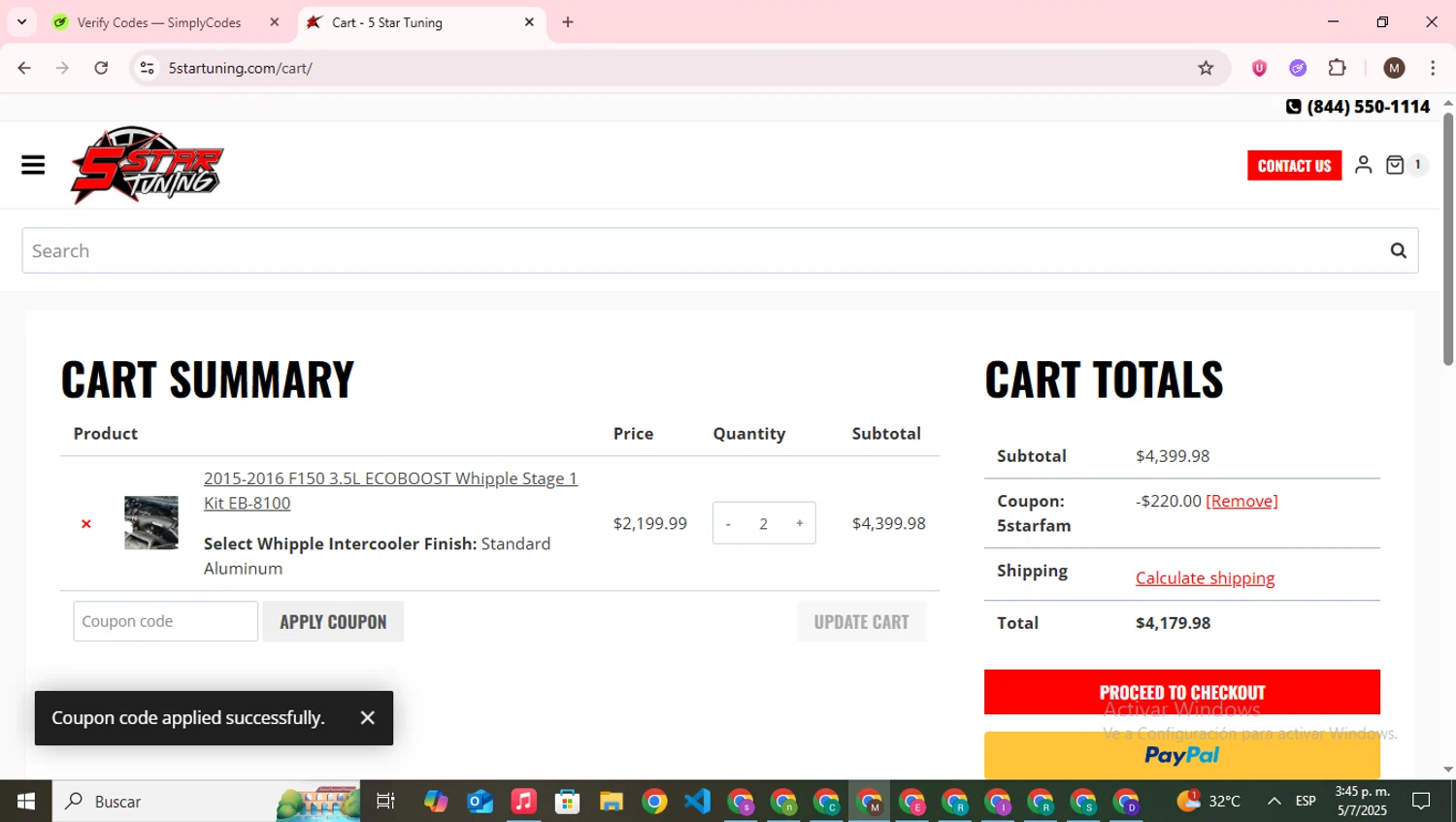 5 Star Tuning coupon code screenshot showing code 5STARFAM applied at 5 Star Tuning checkout page. Uploaded by SimplyCodes community member WonderWizard9060 on Jul 5, 2025