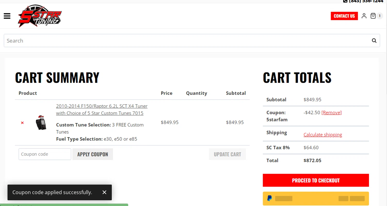 5 Star Tuning coupon code screenshot showing code 5STARFAM applied at 5 Star Tuning checkout page. Uploaded by SimplyCodes community member Yuskeilyn20 on Jun 6, 2025