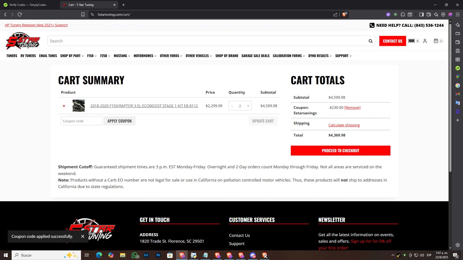 5 Star Tuning coupon code screenshot showing code 5STARSAVINGS applied at 5 Star Tuning checkout page. Uploaded by SimplyCodes community member NobleLegend6162 on Aug 23, 2025