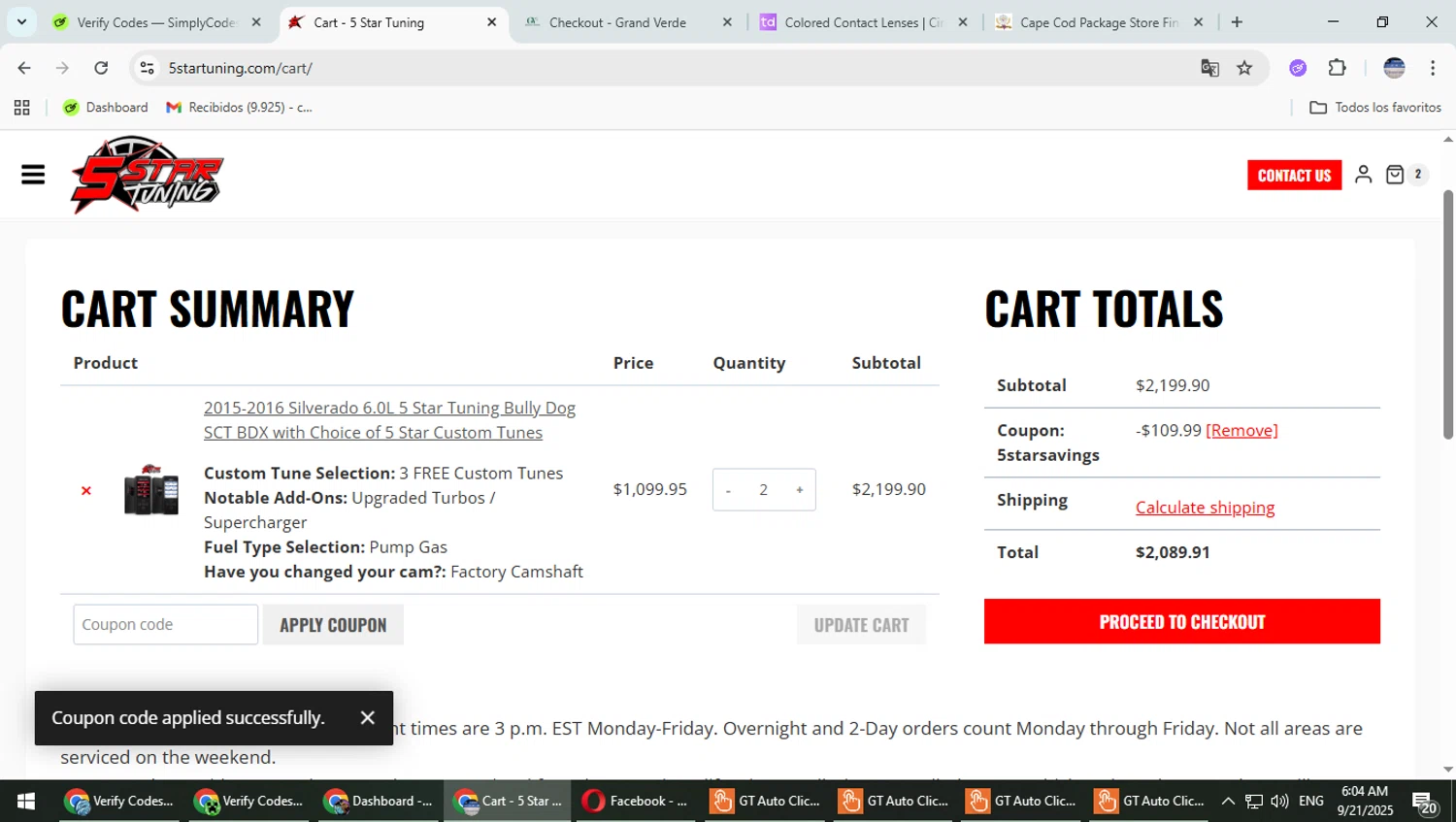 5 Star Tuning coupon code screenshot showing code 5STARSAVINGS applied at 5 Star Tuning checkout page. Uploaded by SimplyCodes community member TrevorPhilips on Sep 21, 2025