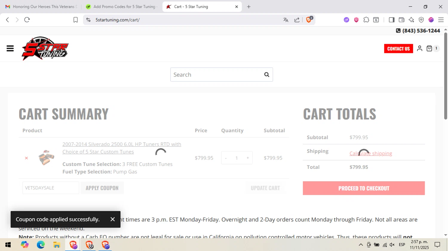 5 Star Tuning coupon code screenshot showing code VETSDAYSALE applied at 5 Star Tuning checkout page. Uploaded by SimplyCodes community member peachee on Nov 11, 2025