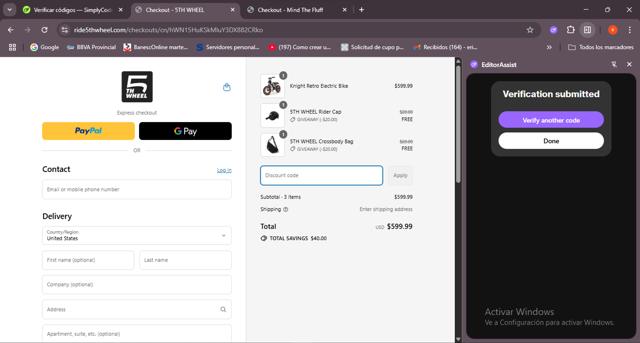 5th Wheel eBike checkout page showing 5th Wheel eBike promo code box | Screenshot taken by SimplyCodes community member on Jul 26, 2025
