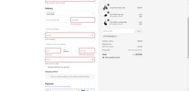 5th Wheel eBike checkout page showing 5th Wheel eBike promo code box | Screenshot taken by SimplyCodes community member on Jul 25, 2025