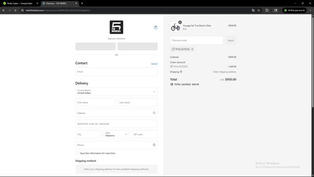 5th Wheel eBike checkout page showing 5th Wheel eBike promo code box | Screenshot taken by SimplyCodes community member on Aug 13, 2025