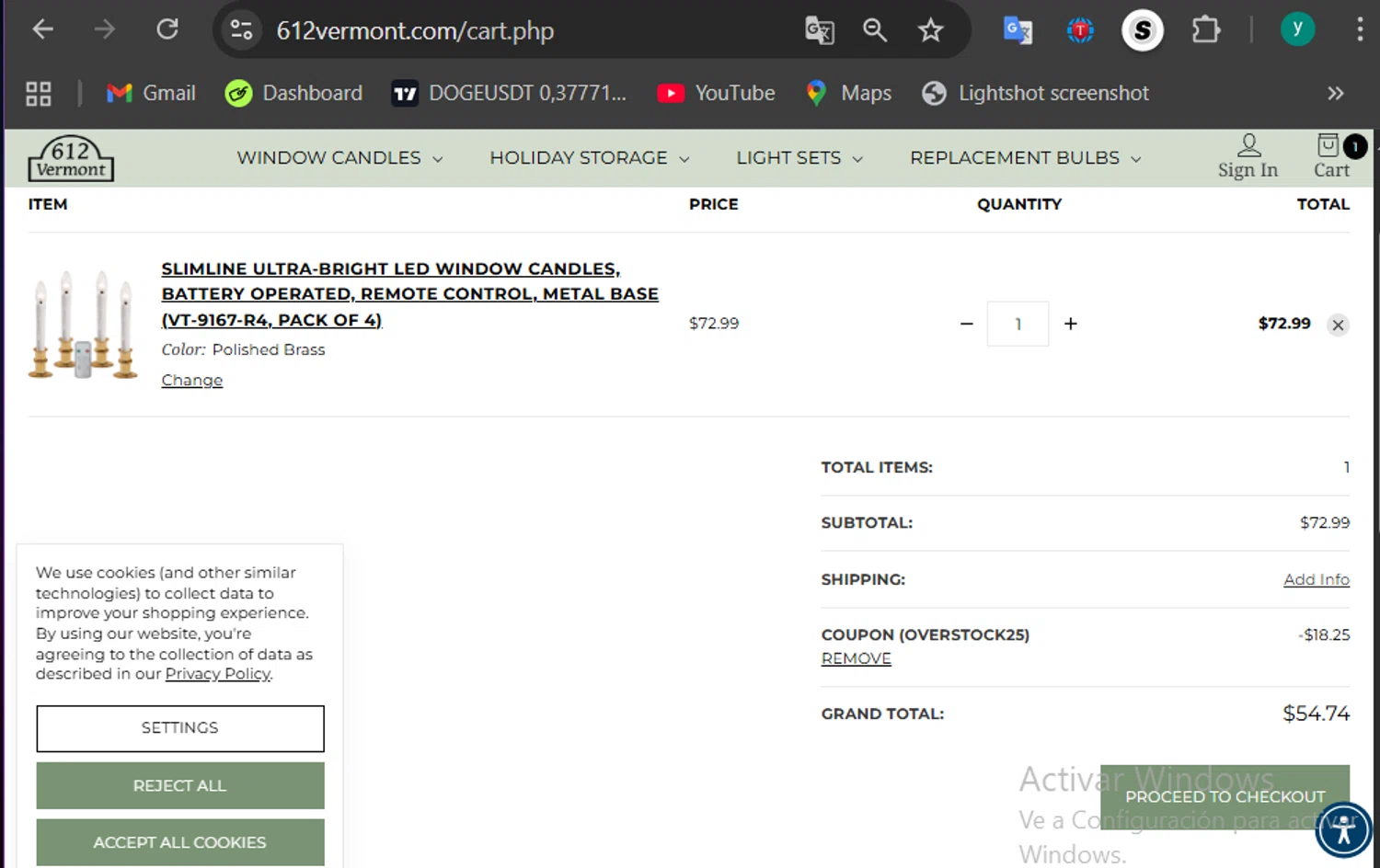 612 Vermont coupon code screenshot showing code OVERSTOCK25 applied at 612 Vermont checkout page. Uploaded by SimplyCodes community member 502312 on Dec 5, 2025