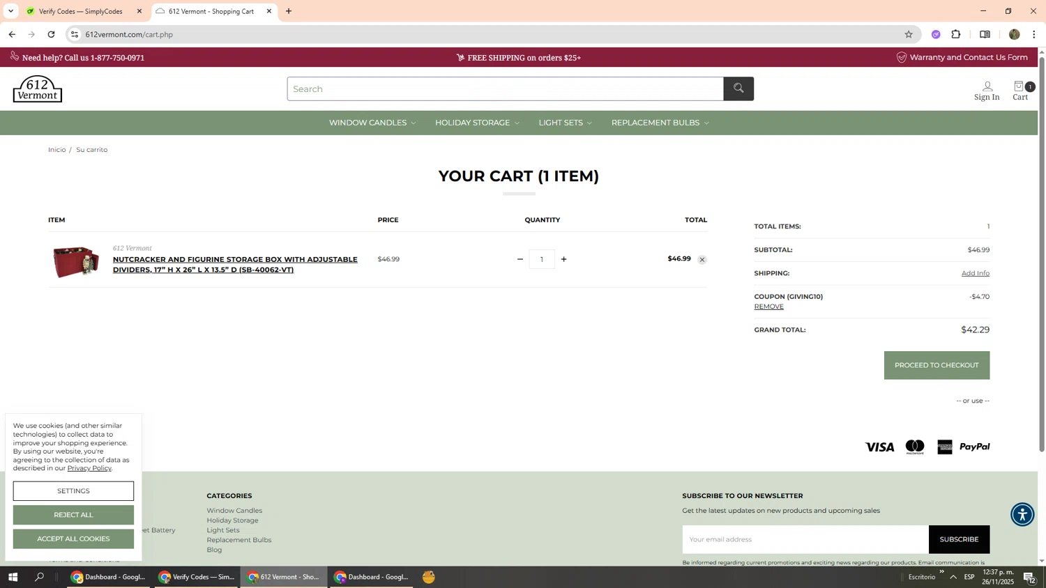 612 Vermont checkout page showing 612 Vermont coupon code box | Screenshot taken by SimplyCodes community member on Nov 26, 2025