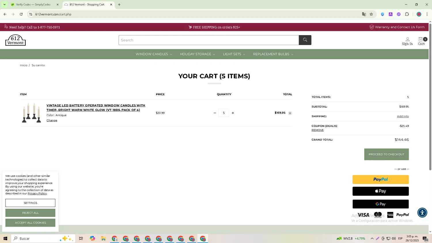 612 Vermont coupon code screenshot showing code DEAL15 applied at 612 Vermont checkout page. Uploaded by SimplyCodes community member David_Garcia on Dec 26, 2025