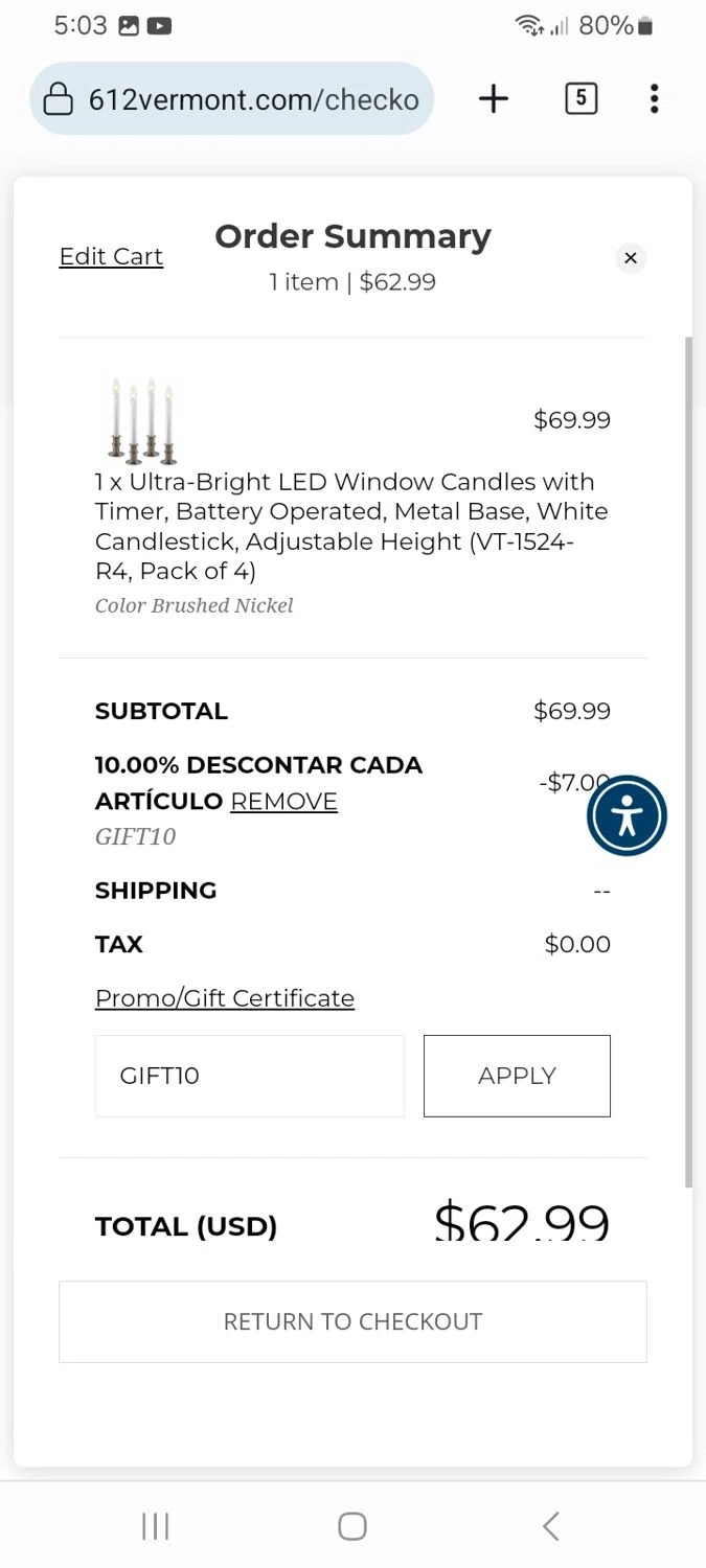 612 Vermont coupon code screenshot showing code GIFT10 applied at 612 Vermont checkout page. Uploaded by SimplyCodes community member ScanMaverick9378 on Dec 5, 2025