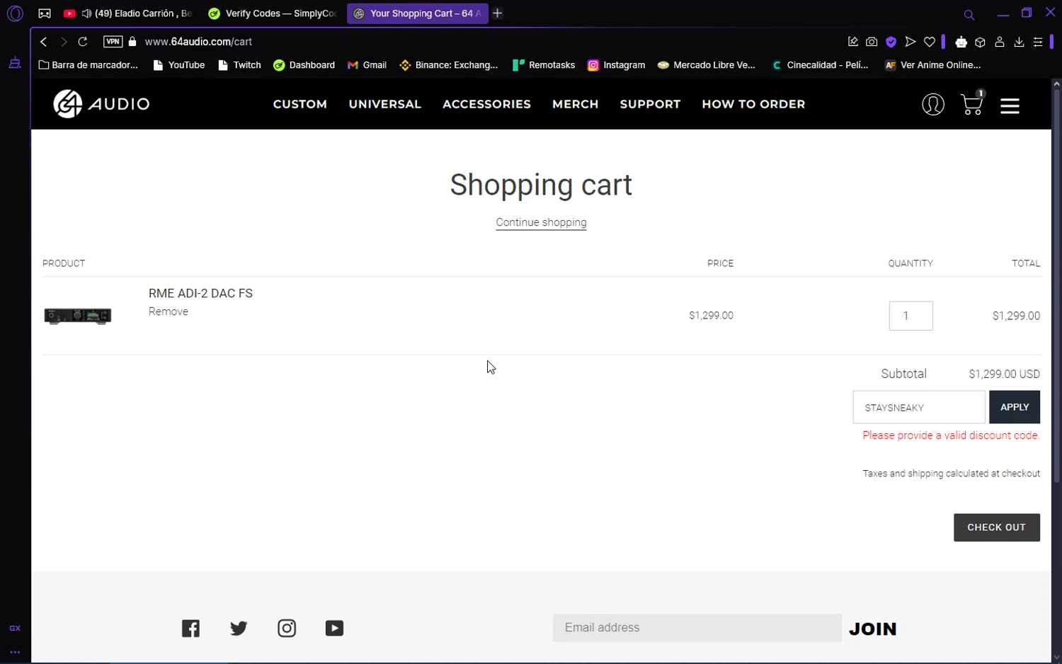 64 Audio discount code screenshot showing code STAYSNEAKY applied at 64 Audio checkout page. Uploaded by SimplyCodes community member trinzo on Jan 23, 2025