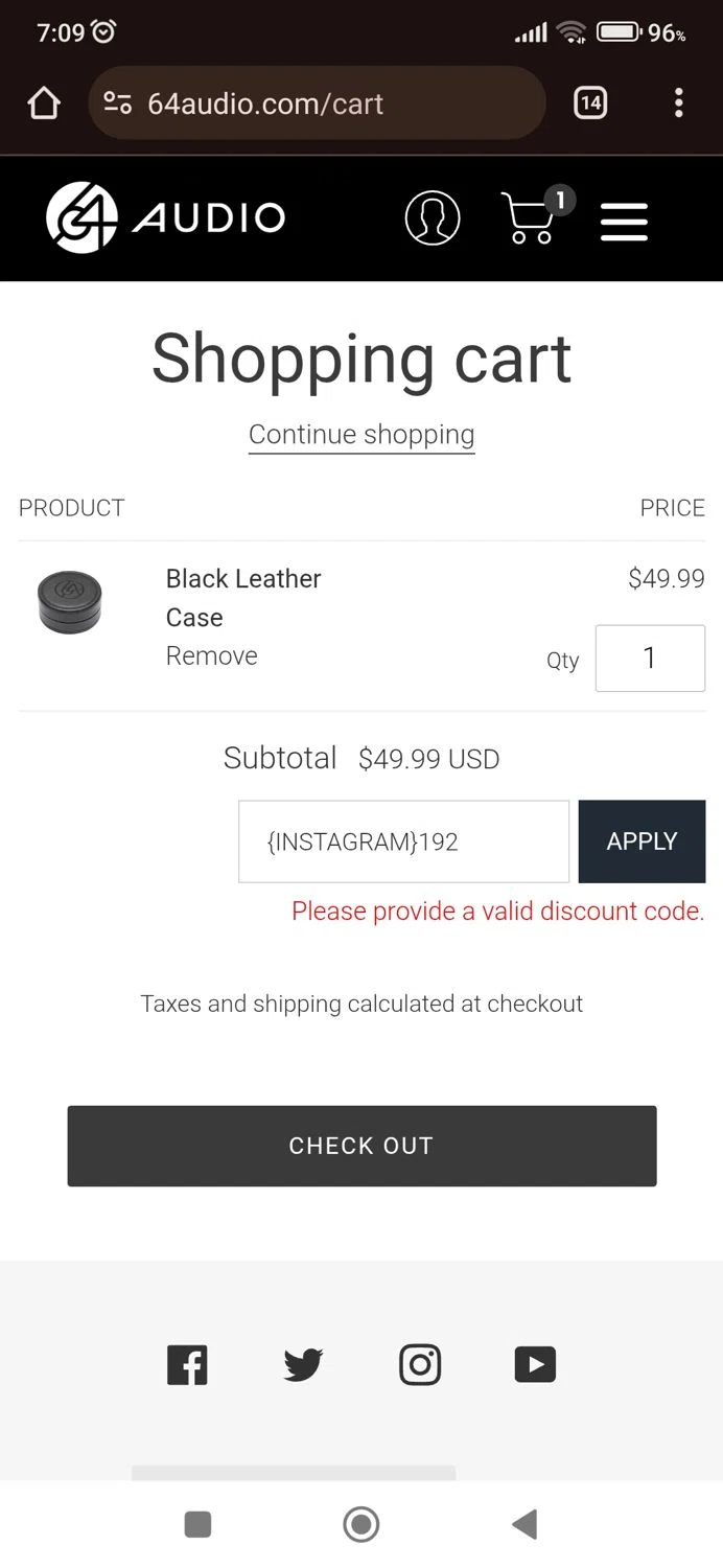 64 Audio discount code screenshot showing code {INSTAGRAM}192 applied at 64 Audio checkout page. Uploaded by SimplyCodes community member wilfredsaha on Jan 24, 2025