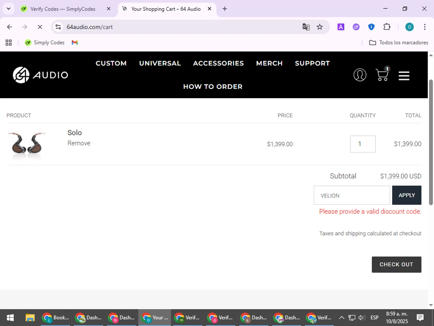 64 Audio discount code screenshot showing code VELION applied at 64 Audio checkout page. Uploaded by SimplyCodes community member BudgetSeeker9524 on Aug 10, 2025