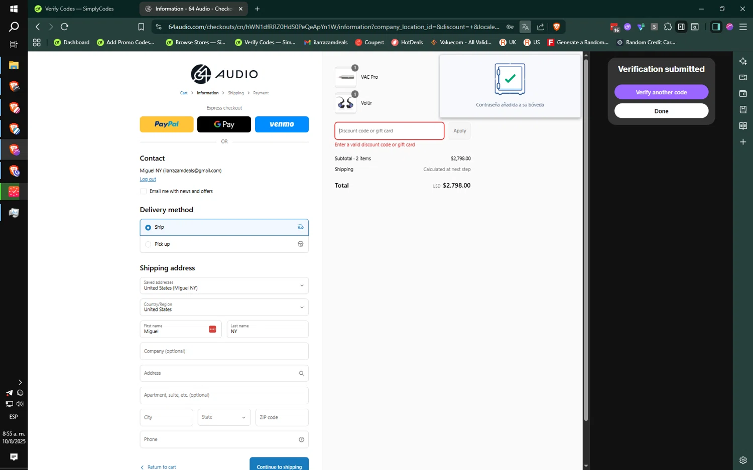 64 Audio discount code screenshot showing code VELION applied at 64 Audio checkout page. Uploaded by SimplyCodes community member jMoya06 on Aug 10, 2025