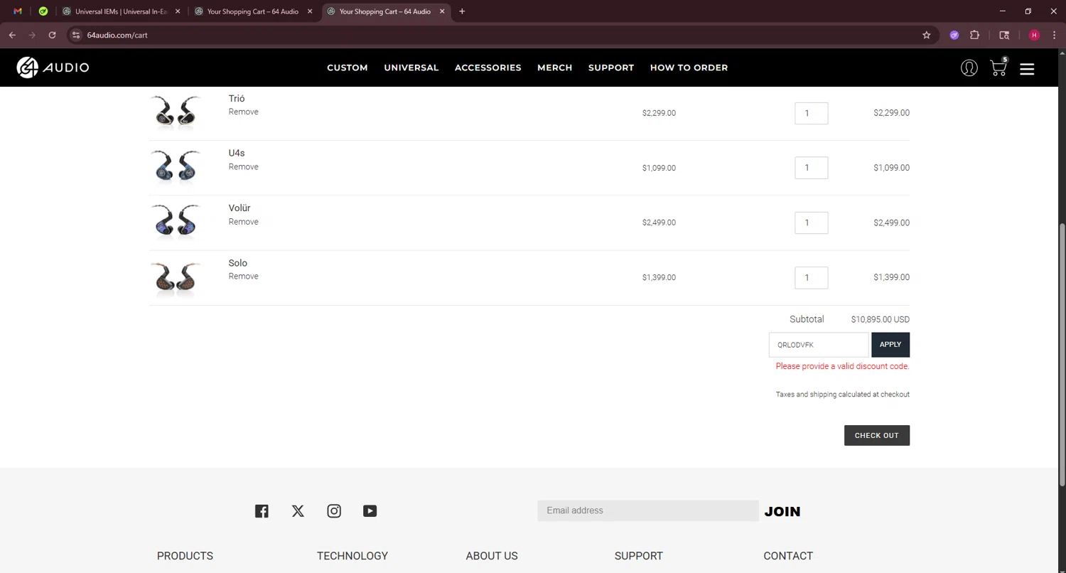 64 Audio discount code screenshot showing code QRLODVFK applied at 64 Audio checkout page. Uploaded by SimplyCodes community member RewardWarden8289 on Jul 21, 2025