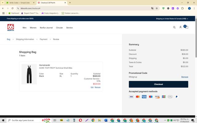66 North checkout page showing 66 North discount code box | Screenshot taken by SimplyCodes community member on Jun 7, 2025