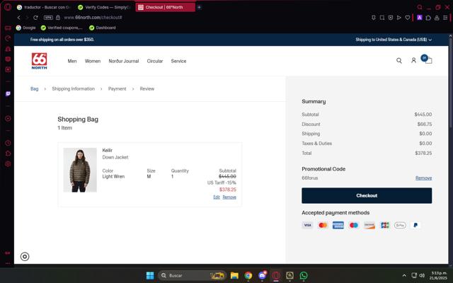 66 North checkout page showing 66 North discount code box | Screenshot taken by SimplyCodes community member on Jun 21, 2025