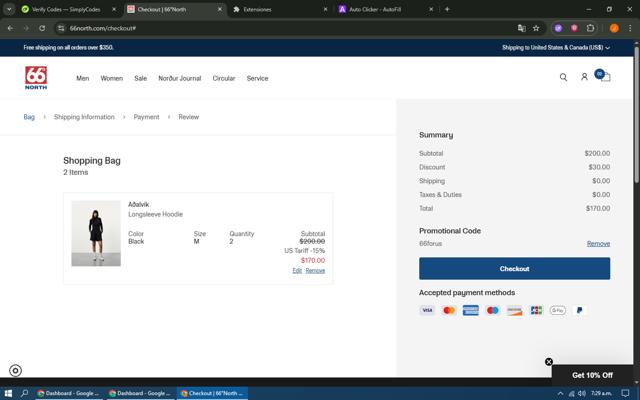 66 North checkout page showing 66 North discount code box | Screenshot taken by SimplyCodes community member on Jul 17, 2025